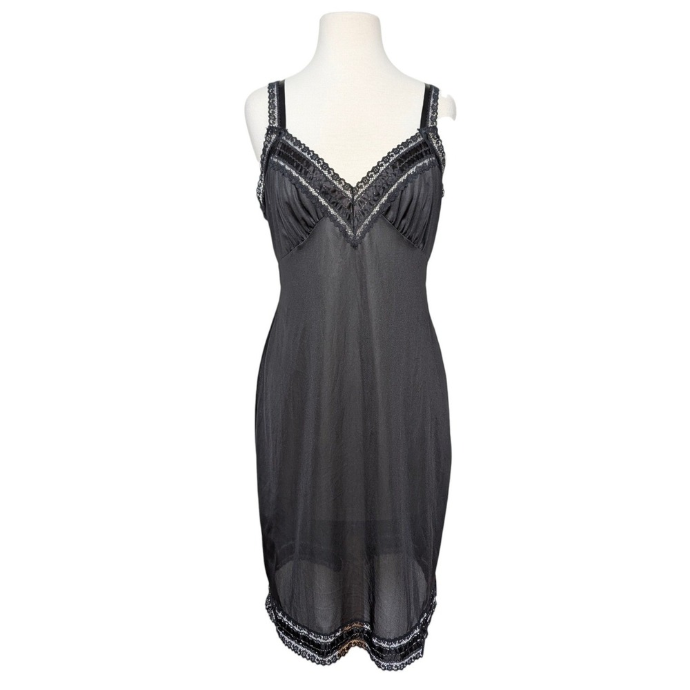 VTG Fortune Black Lace Trim Slip Dress Nightgown USA Made Womens 38